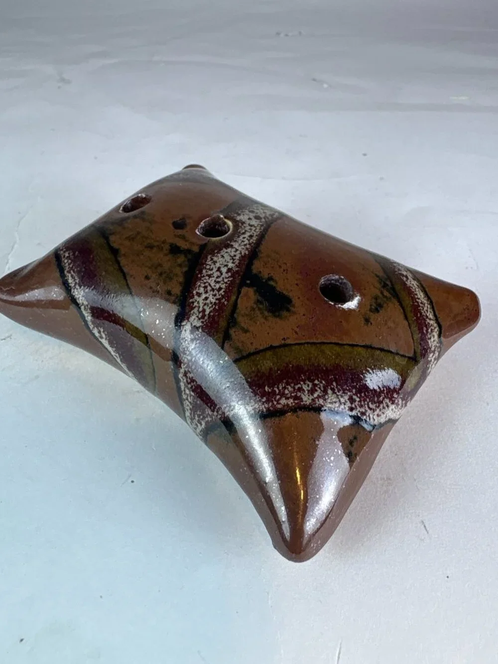 Vintage Studio Pottery Flower Frog Vase, Abstract Tree Design, Three Hole Ikeban
